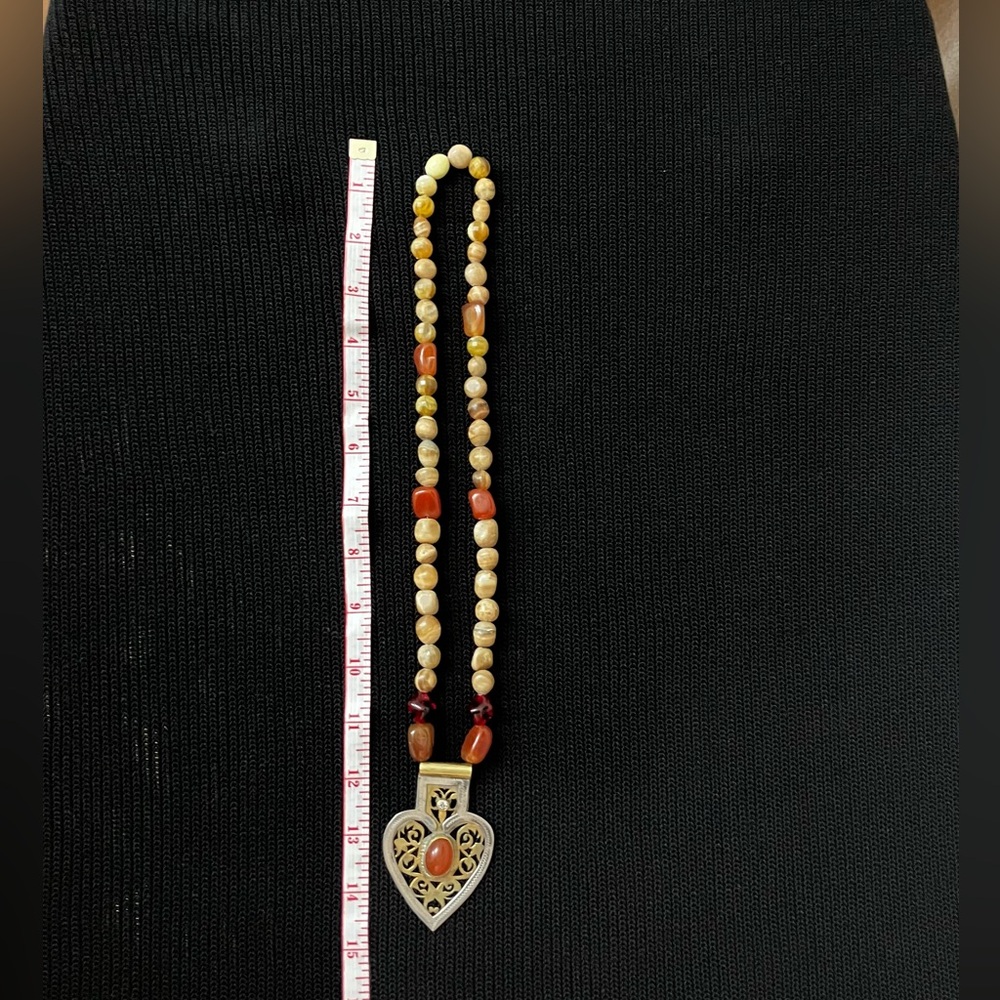 Bohemian Silver&Gold-Tone Heart Pendant Necklace, Natural Stone Beads - Picture 3 of 5